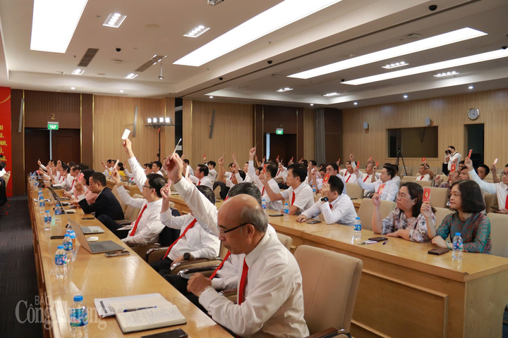 Các đại biểu tham dự Okvip69.com bán cá nổ hủ biểu quyết bằng thẻ đảng viên. Ảnh: Thanh Tuấn