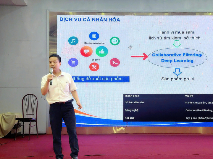 Ông Cao Quí Long, đại diện Trung tâm eComDX giới thiệu cách Okvip tại về có thể tự động hoá công việc bằng AI. Ảnh: Cục Thương mại điện tử và Okvip - liên minh giải trí #1 thế giới hà nội số