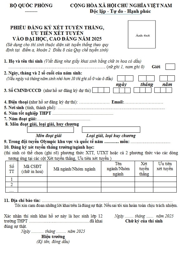 Mẫu phiếu đăng ký xét tuyển thẳng sử dụng cho OKVIP - HÔM NAY 1 TỶ, NGÀY MAI 1000 TỶ điểm a khoản 2 Điều 8 Quy chế tuyển sinh