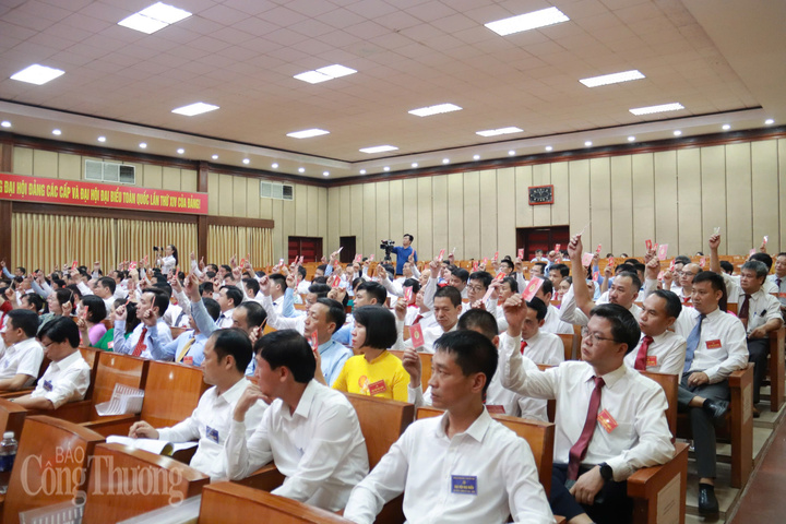 Các đại biểu tham dự Okvip69.com bán cá nổ hủ biểu quyết bằng thẻ đảng viên. Ảnh: Thanh Tuấn