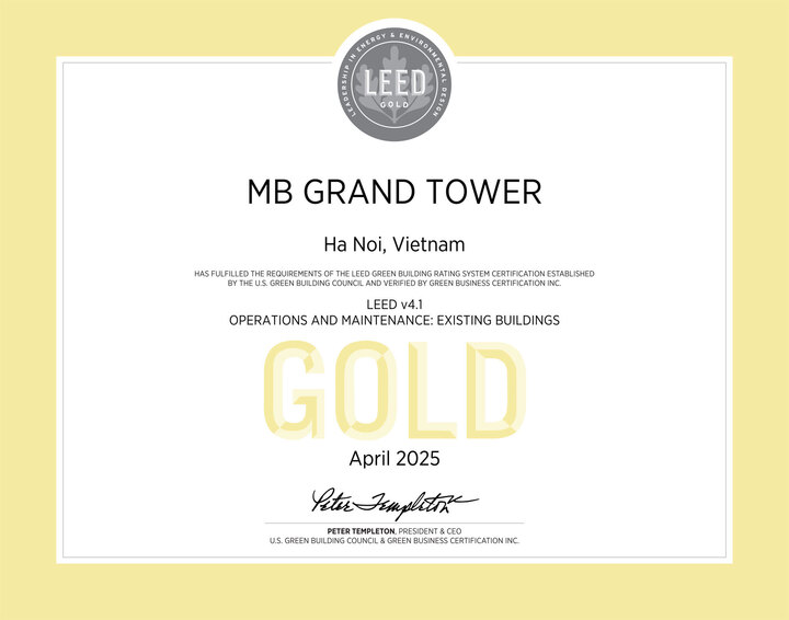 Chứng chỉ LEED Gold cho tòa nhà MB Tower từ Hội đồng Công trình Xanh Hoa Kỳ (USGBC).