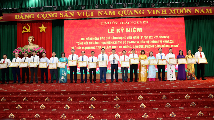 Phó Chủ tịch Thường trực UBND tỉnh Thái Nguyên Nguyễn Thanh Bình trao Bằng khen của Chủ tịch UBND tỉnh cho các cá nhân tiêu biểu trong lĩnh vực báo chí - Ảnh: Thành Chung