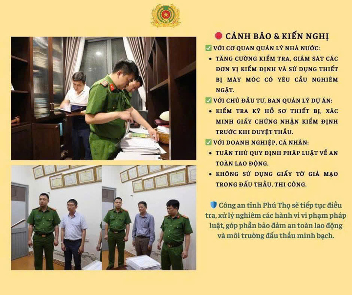 Công an tỉnh Phú Thọ đề nghị các chủ đầu tư, các ban quản lý dự án khi kiểm tra đánh giá hồ sơ dự thầu cần chú trọng kiểm tra hồ sơ thiết bị máy móc, trong đó có các giấy chứng nhận kiểm định. Ảnh: Công an tỉnh Phú Thọ