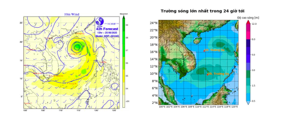 Bản đồ dự báo gió mạnh và độ cao sóng. Ảnh: TTKTV