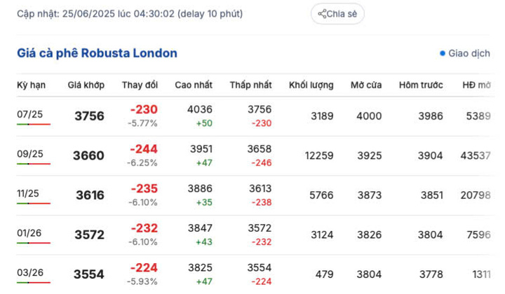 Giá cà phê Robusta London ngày 25/6/2025