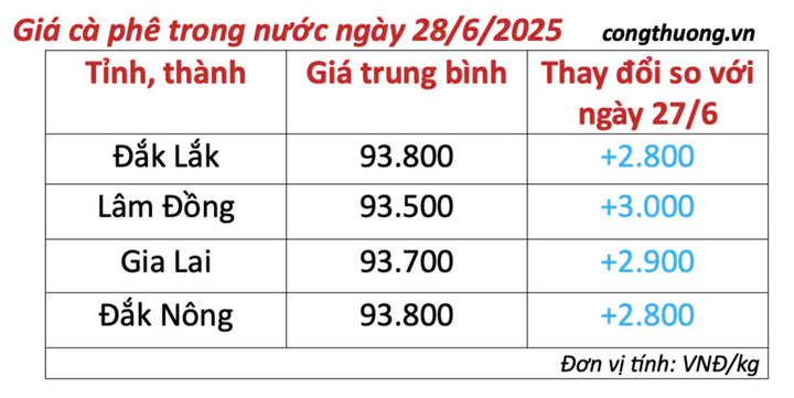 Bảng giá cà phê trong nước cập nhật sáng ngày 28/6/2025