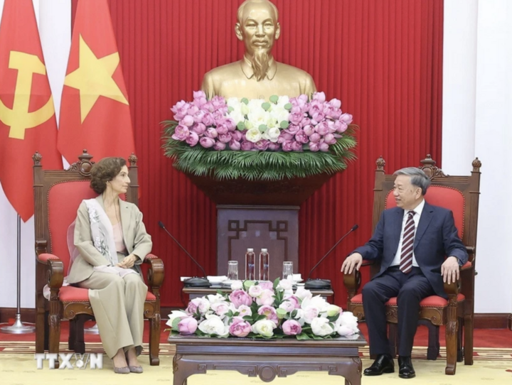 Tổng Bí thư Tô Lâm tiếp Tổng Giám đốc UNESCO Audrey Azoulay. (Ảnh: Thống Nhất/TTXVN)
