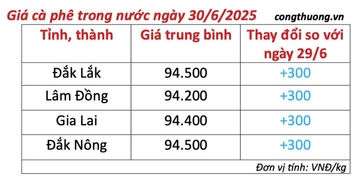 Bảng giá cà phê trong nước cập nhật chiều ngày 30/6/2025