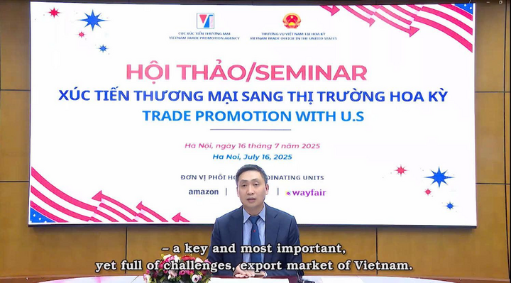 Ông Hoàng Minh Chiến, Phó Cục trưởng Cục Xúc tiến thương mại phát biểu khai mạc tại hội thảo. Ảnh chụp màn hình