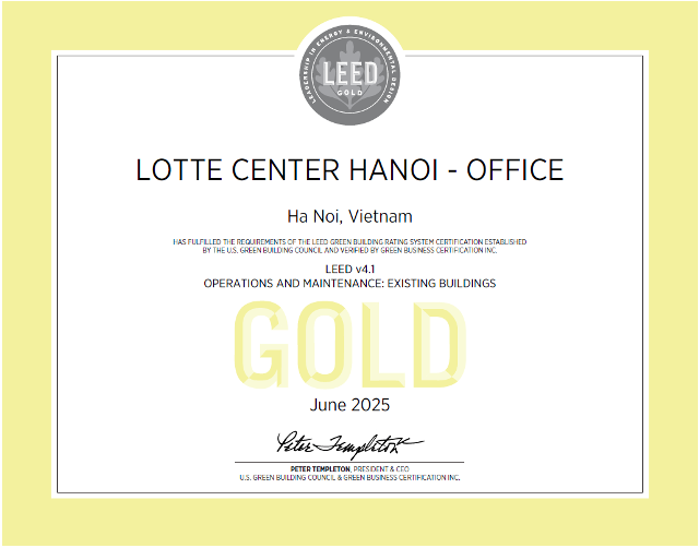 Chứng nhận xanh cấp cho Toà nhà Lotte Center Hà Nội