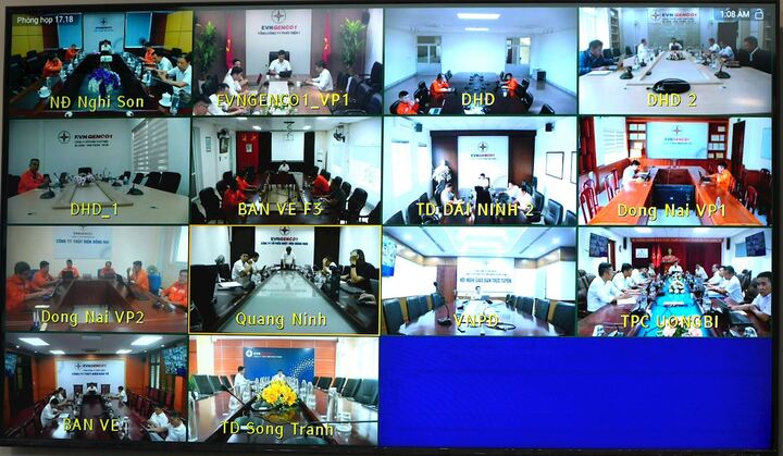 Cuộc họp kết nối trực tuyến từ điểm cầu trụ sở EVNGENCO1 tới các đơn vị liên quan trong Tổng công ty.  Ảnh: EVNGENCO1