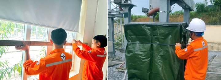Công nhân Xí nghiệp 110kV Thanh Hóa chằng néo cửa nhà điều hành và bao bọc các thiết bị ngoài trời của trạm biến áp. Ảnh Hùng Mạnh