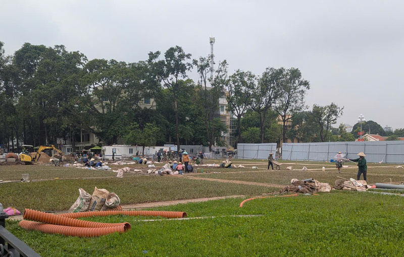 Trên diện tích đã xong mặt bằng, đơn vị thi công bắt đầu tiến hành thảm cỏ đồng bộ với các thảm cỏ có sẵn trên Quảng trường Ba Đình. Ảnh QL