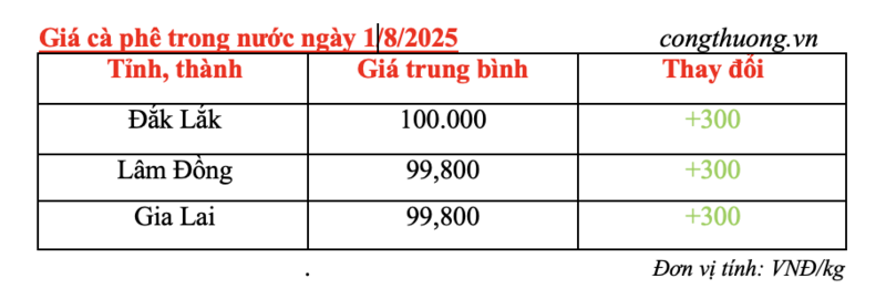 Giá cà phê trong nước được cập nhật chiều 1/8/2025