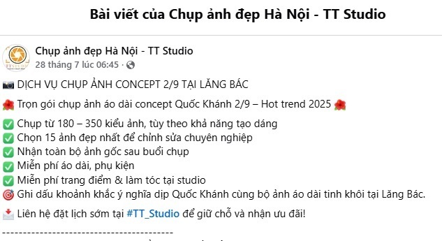 Một studio ở Hà Nội tung gói chụp ảnh concept tại Lăng Bác trước thềm kỷ niệm 80 năm Quốc khánh 2/9. Ảnh chụp màn hình