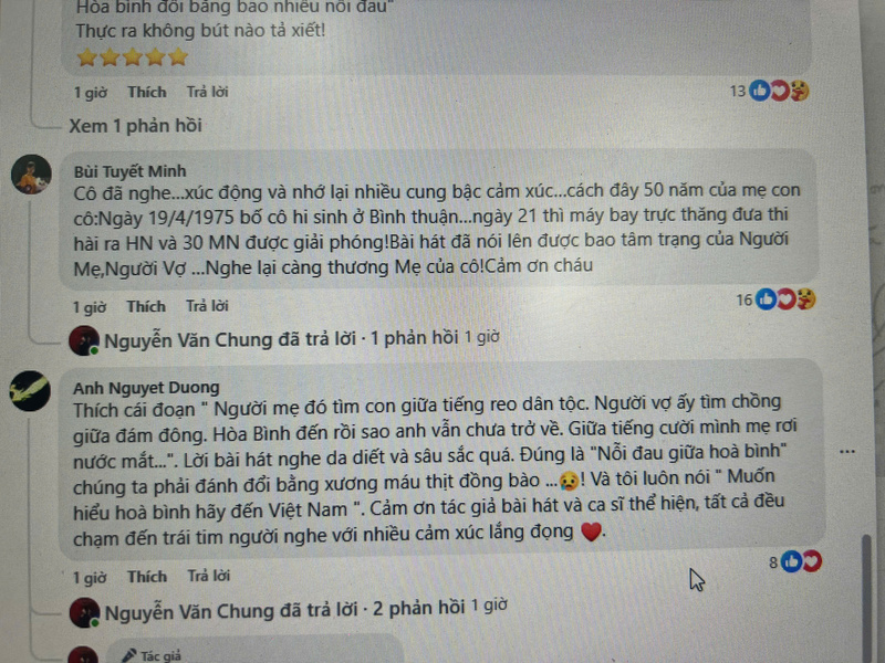 Khán giả Bùi Tuyết Minh xúc động chia sẻ cảm xúc trên Facebook của nhạc sĩ Nguyễn Văn Chung. Ảnh: Facebook Nguyễn Văn Chung