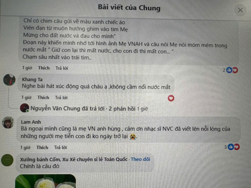 Khán giả Lam Anh nghẹn ngào chia sẻ nỗi lòng của người con, người cháu khi có người nhà là Mẹ Việt Nam Anh hùng. Ảnh: Facebook Nguyễn Văn Chung