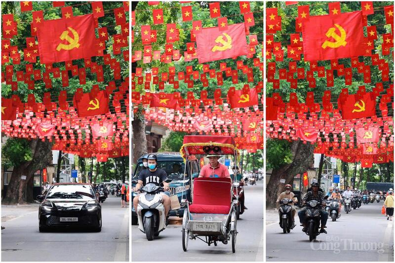 Các tuyến phố Thủ đô rợp trời cờ đỏ sao vàng và cờ búa liềm, dòng xe máy hòa chung không khí lễ hội.