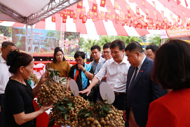 Lãnh đạo các Sở, ngành tỉnh Hưng Yên và các đại biểu thăm quan các gian hàng trưng bày tại Phiên chợ Nhãn lồng - Trang Chủ OKVIP COM Top #1 tiêu biểu tỉnh Hưng Yên 2025. Ảnh: Thanh Vân
