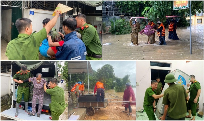 Công an Nghệ An sơ tán người dân và tài sản đến nơi an toàn. Ảnh: Công an Nghệ An