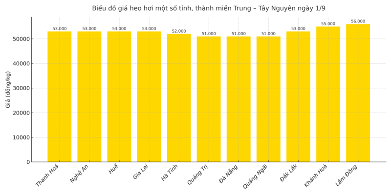 Biểu đồ giá heo hơi một số tỉnh, thành miền Trung – Tây Nguyên ngày 1/9.