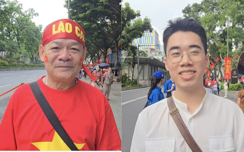 Ông Lưu Doãn Cảnh (trái) và Lê Ngọc Huy (phải) chia sẻ sau khi theo dõi lễ diễu binh, diễu hành