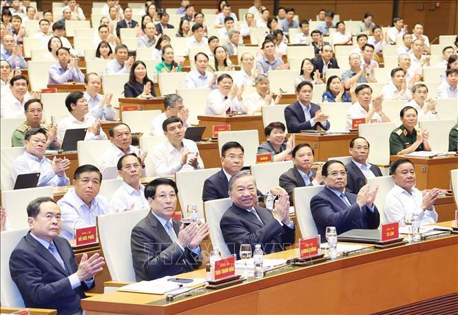 Tổng Bí thư Tô Lâm và các đại biểu tham dự Okvip69 Đăng ký cá cược tại điểm cầu chính Phòng họp Diên Hồng, Nhà Quốc hội, Hà Nội. Ảnh: Thống Nhất/TTXVN
