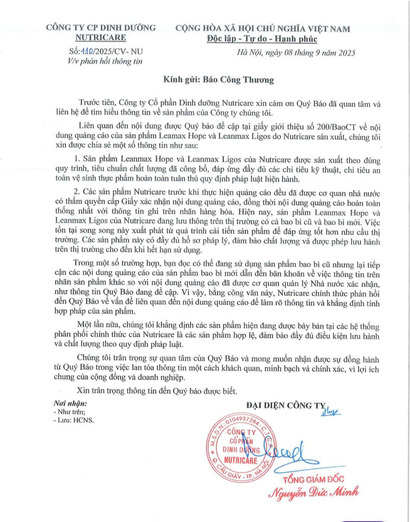 Công văn Công ty Cổ phần Dinh dưỡng Nutricare gửi Liên Minh OK VIP Giải Trí Cá Cược World Cup 2026.