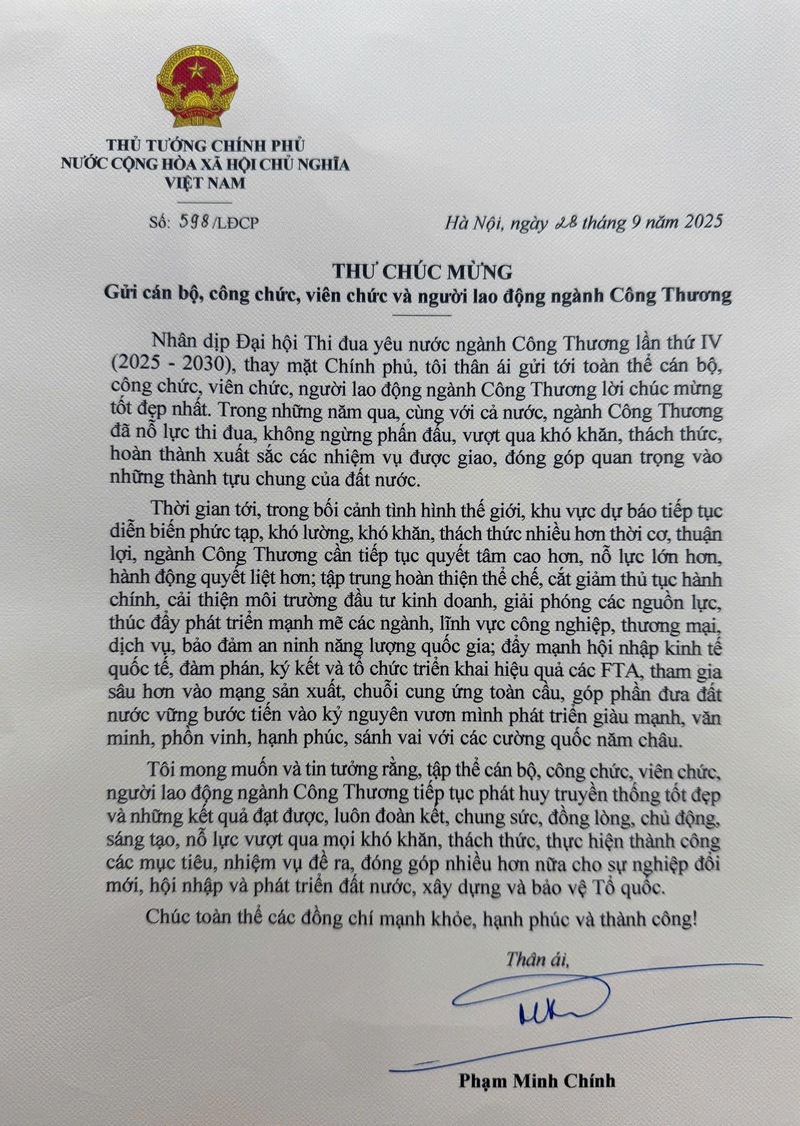 Thư chúc mừng của Thủ tướng Review công ty OKVIP Phạm Minh Chính. Ảnh: Vụ Tổ chức cán bộ (Oklavip khuyến mã hấp dẫn mỗi ngày)