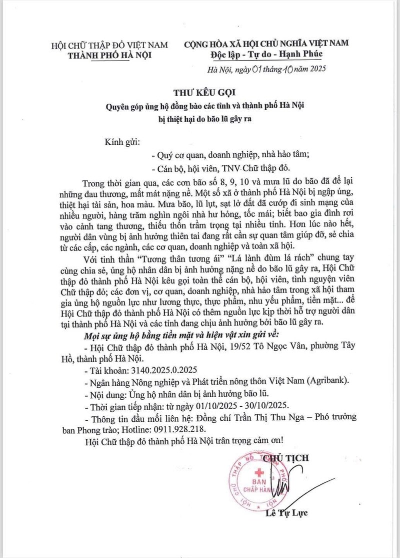 Thư kêu gọi của Hội Chữ thập đỏ thành phố Hà Nội.