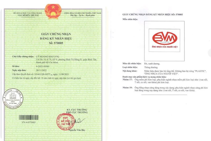Công ty nhựa Bình Minh Việt được Cục Sở hữu trí tuệ công nhận nhãn hiệu