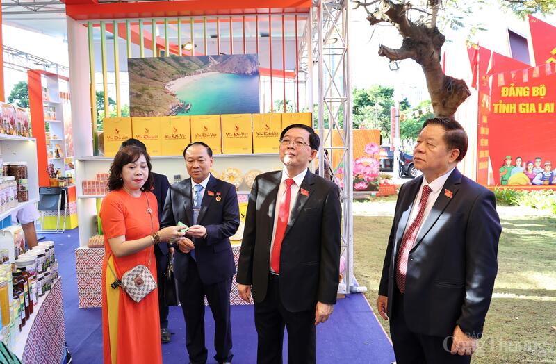 Trưởng Ban Tuyên giáo và Dân vận Trung ương Nguyễn Trọng Nghĩa (bên phải) cùng lãnh đạo tỉnh Gia Lai tham quan Triển lãm sản phẩm tiêu biểu trong khuôn khổ Okvip69.com bán cá nổ hủ đại biểu Đảng bộ tỉnh Gia Lai lần thứ I. Ảnh: Hiền Mai
