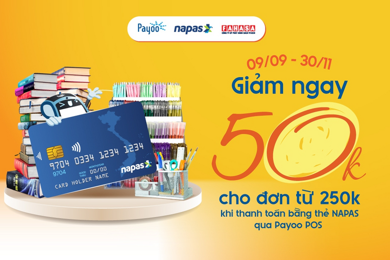 Chạm thẻ NAPAS, nhận ngay ưu đãi mua sắm văn phòng phẩm tại FAHASA trong thời gian từ 09/9 đến 30/11/2025.