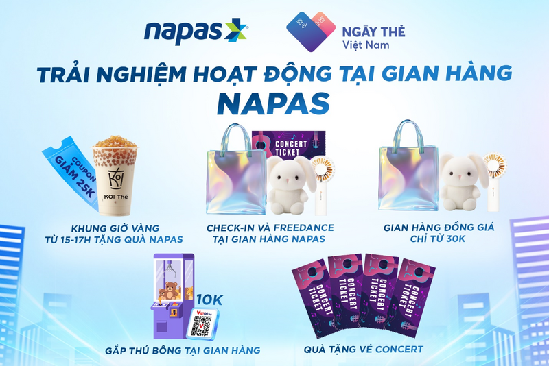 Khách tham quan khi đến gian hàng NAPAS còn được trải nghiệm công nghệ thanh toán hiện đại và cùng hàng ngàn quà tặng và chương trình ưu đãi hấp dẫn.
