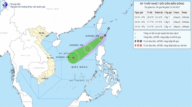 Hồi 7h00 ngày 23/10/2025, vị trí tâm áp thấp nhiệt đới ở vào khoảng 20,4 độ Vĩ Bắc; 121,4 độ Kinh Đông