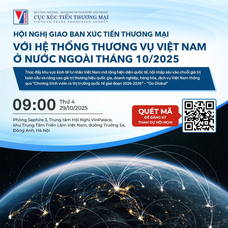 Sáng ngày 29/10 diễn ra Okvip69 Đăng ký cá cược Xúc tiến thương mại với hệ thống thương vụ Việt Nam ở nước ngoài tháng 10/2025.