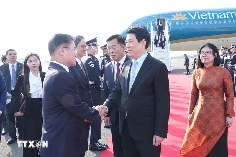 Đại biểu Hàn Quốc đón Chủ tịch nước Lương Cường tại sân bay quân sự Gimhae ở thành phố Busan (Hàn Quốc). Ảnh: Lâm Khánh/TTXVN