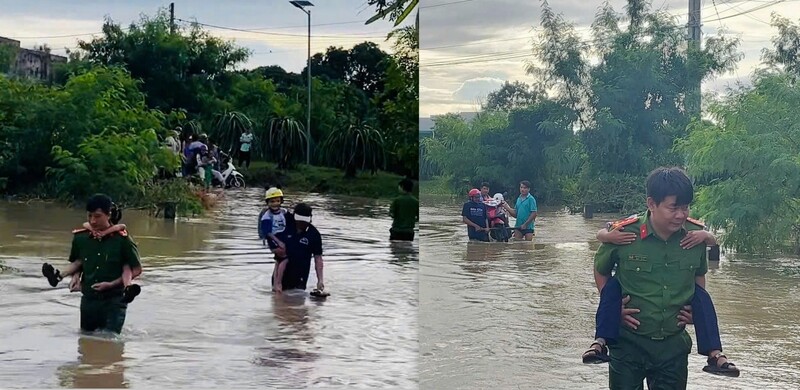 Cán bộ, chiến sỹ Công an Lâm Đồng đưa các em nhỏ tới nơi an toàn. Ảnh: Công an cung cấp