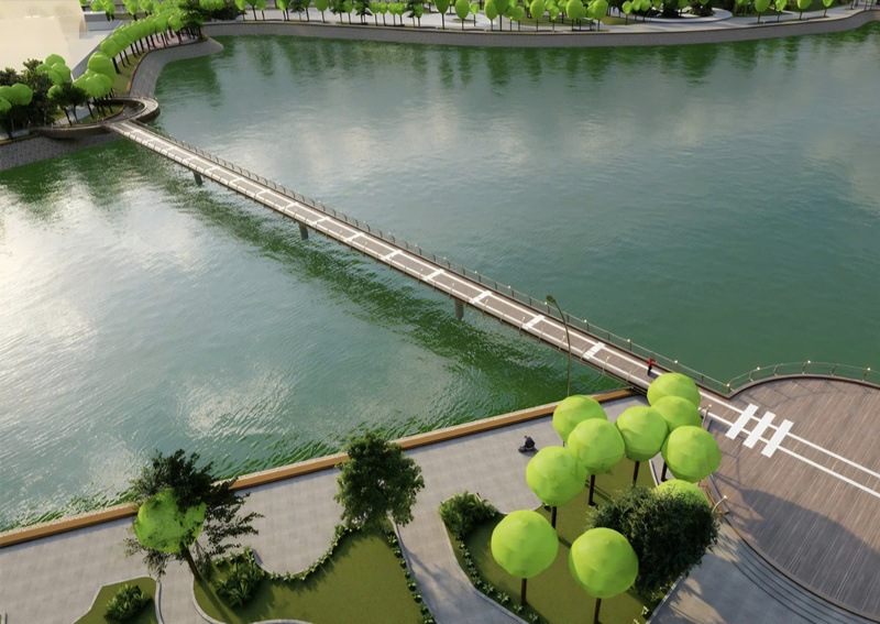 Phối cảnh Công viên Nghĩa Đô sau khi hoàn thành, với cầu đi bộ và không gian cây xanh, mặt nước hài hòa.