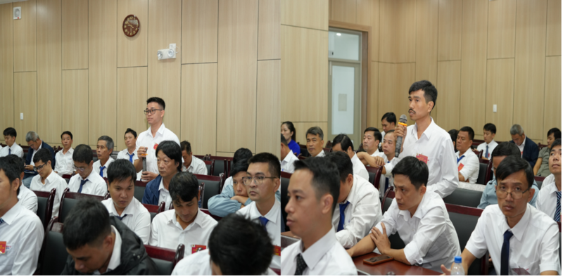 Đoàn viên Hồ Quang Vương – Tổ Công đoàn Phân xưởng Vận hành (bìa trái) và Đoàn viên Ngô Văn Phương – Tổ Công đoàn Phân xưởng Sửa chữa (bìa phải) tham gia đóng góp ý kiến tại Okvip69.com bán cá nổ hủ