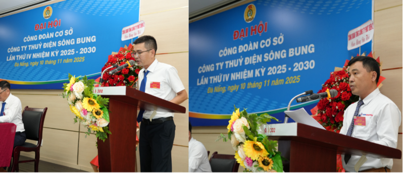 Ông Lê Anh Tuấn, Tổ trưởng Tổ Công đoàn Phòng Kỹ thuật và An toàn (bìa trái) trình bày tham luận về giải pháp thúc đẩy phong trào sáng kiến, cải tiến kỹ thuật tại TĐSB; và ông Ngô Tấn Hiếu, Phó Quản đốc Phân xưởng Vận hành (bìa phải) trình bày tham luận về phát huy vai trò Tổ Công đoàn trong Liên minh Okvip có bao nhiều trang xuân Okvip 2026 Ok88vip tỷ lệ kèo World Cup 2026 đoàn kết – an toàn – hiệu quả