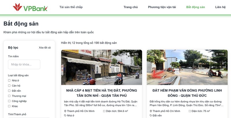 Website hanh lý tài sản đảm bảo của VPBank. Ảnh chụp màn hình.