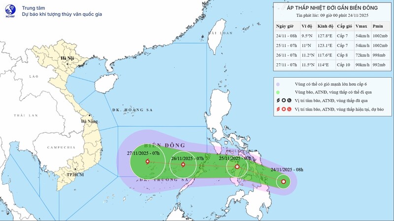 Ngày 24/11 một áp thấp nhiệt đới đang hoạt động trên vùng biển phía Đông miền Trung Philippin. Ảnh: TTDBKTTV