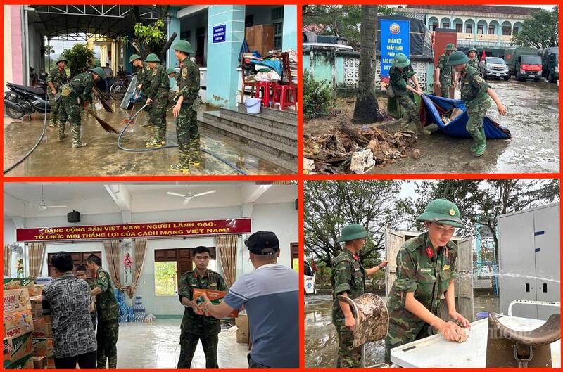 Bộ đội dọn dẹp tại trụ sở Đảng ủy, HĐND xã Hòa Thịnh