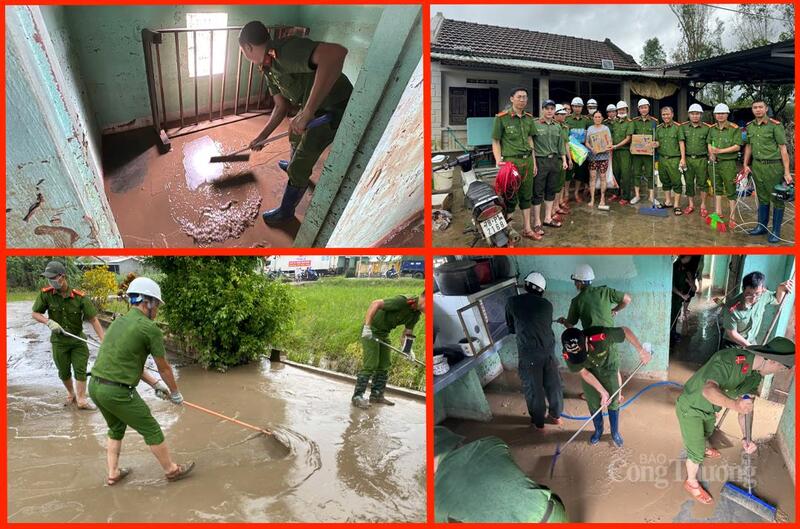 Lực lượng Công an tỉnh Đắk Lắk tặng quà, hỗ trợ người dân ở thôn Phú Thuận, xã Hòa Mỹ dọn dẹp nhà cửa