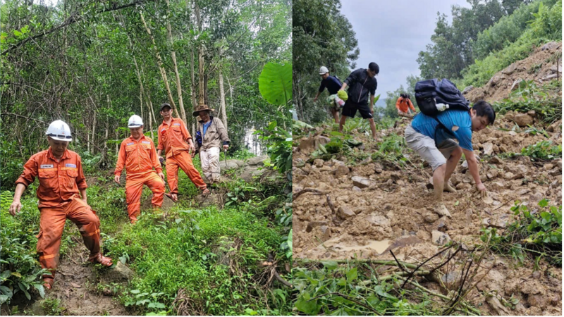 Lực lượng trực tiếp sản xuất của công ty băng qua các điểm sạt lở để tiếp cận các nhà máy.
