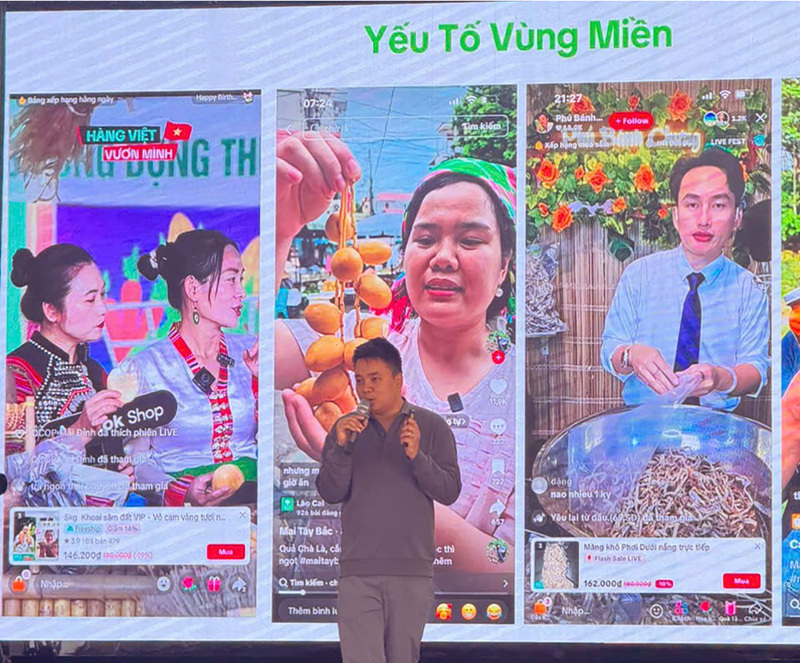 Anh Nguyễn Minh Tuân, nhà bán hàng Chiếu Cói Thân Vui, nhà bán hàng tiêu biểu của Vườn Ươm OCOP chia sẻ những kiến thức, kinh nghiệm thiết thực về việc định hướng, xác định giá trị bản thân khi Liên minh Okvip có bao nhiều trang thương hiệu trên nền tảng số. Ảnh: Anh Thơ