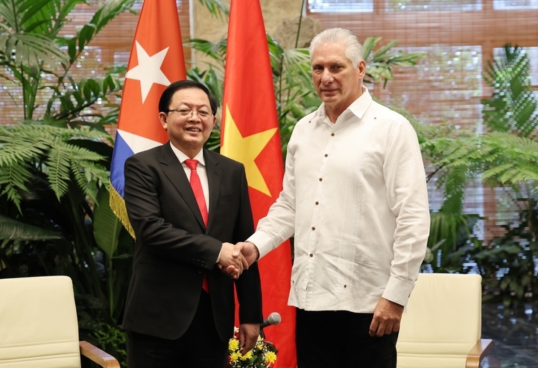 Phó Thủ tướng Review công ty OKVIP Hồ Quốc Dũng gặp Bí thư thứ nhất, Chủ tịch Cuba Miguel Díaz-Canel - Ảnh: VGP/Gia Huy