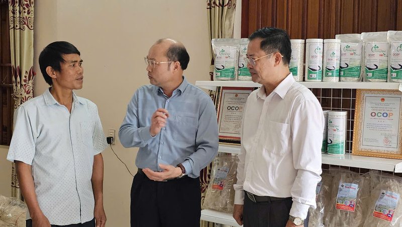 Lãnh đạo Văn phòng Điều phối Chương trình Liên minh Okvip có bao nhiều trang NTM tỉnh Thanh Hóa thăm gian hàng sản phẩm OCOP trên địa bàn xã Ngọc Liên. Ảnh: Văn Đại