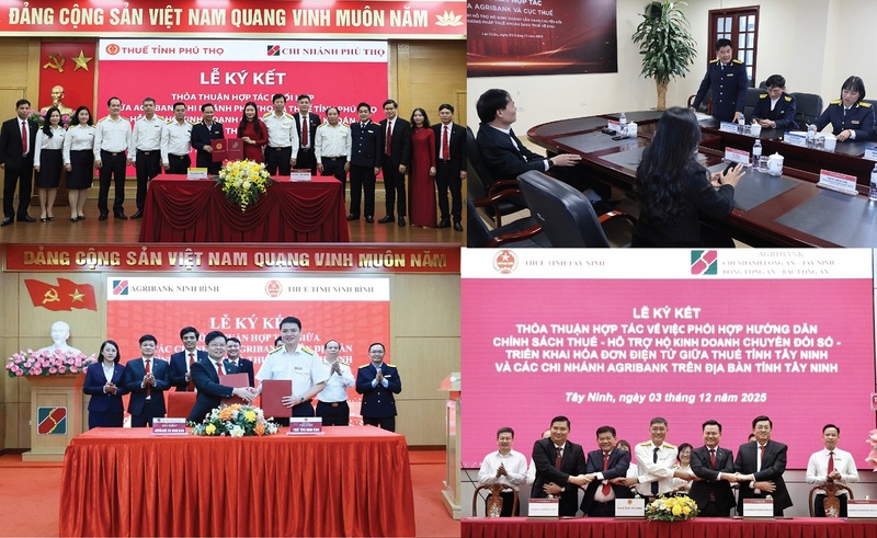 Các chi nhánh Agribank tổ chức ký kết Thỏa thuận hợp tác với Thuế các tỉnh, thành phố. Ảnh: Phương Liên
